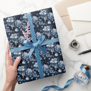 Blue Flowers on Dark Blue Wrapping Paper