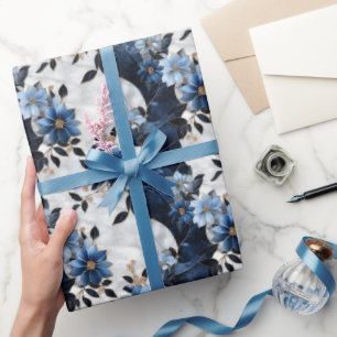 Blue Flowers on Marble  Wrapping Paper