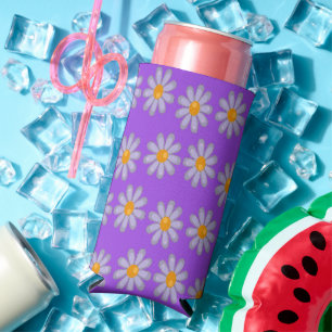 Blue flowers on purple seltzer can cooler