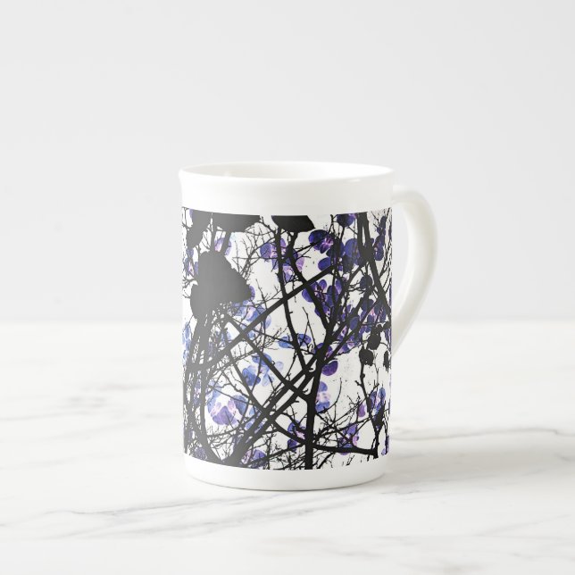 Blue flowers on winter tree concept digital art bone china mug (Front Right)
