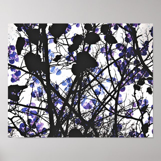 Blue flowers on winter tree concept digital art poster (Front)