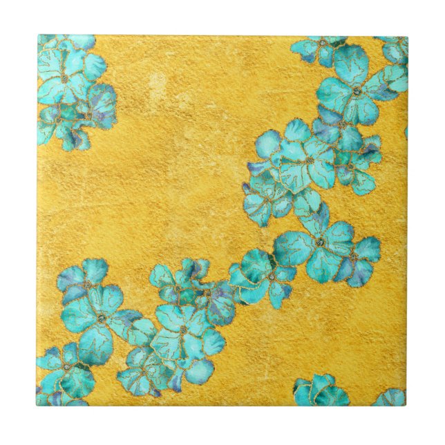 Blue flowers on yellow background tile (Front)