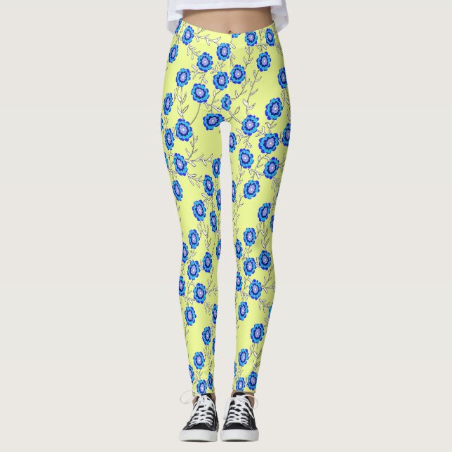 Blue Flowers on Yellow Leggings (Front)