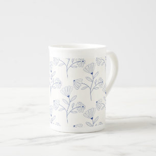 Blue flowers outline drawing in ink  bone china mug