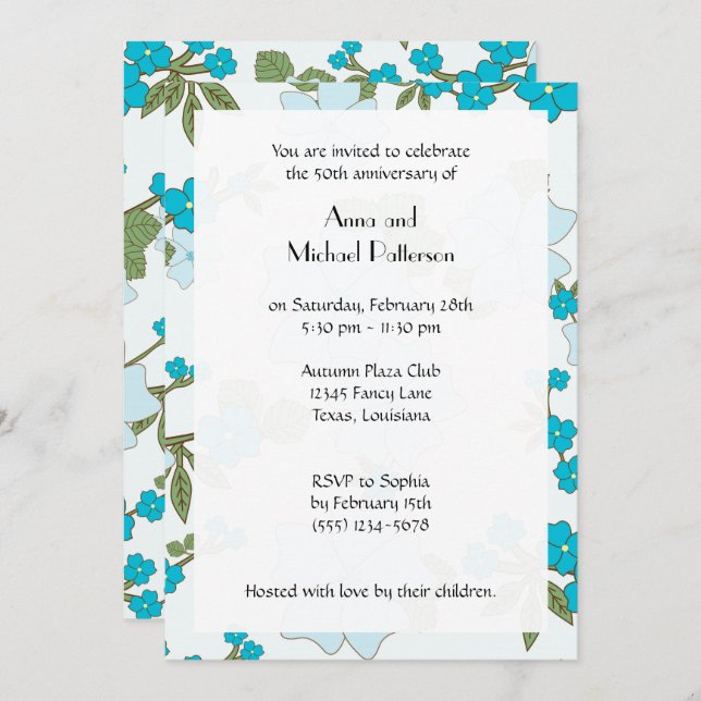 Blue Flowers, Pattern Of Flowers, Anniversary Invitation (Front/Back)