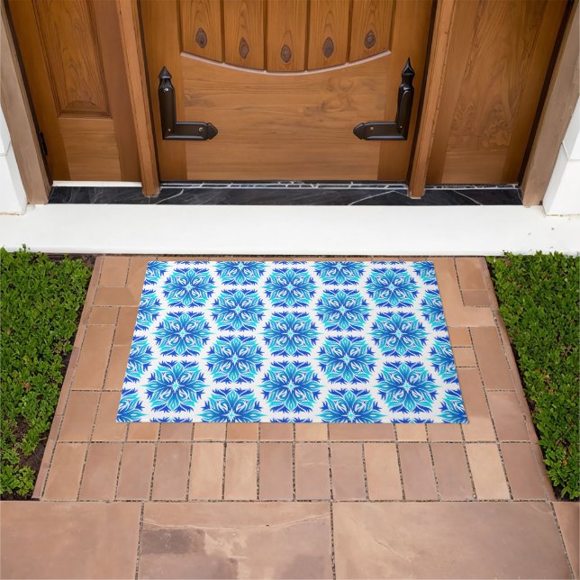 Blue Flowers, Pattern Of Flowers, Floral Pattern Doormat (Outdoor)