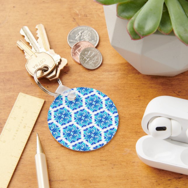Blue Flowers, Pattern Of Flowers, Floral Pattern Key Ring (Desk)