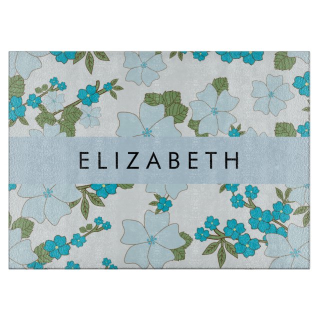 Blue Flowers, Pattern Of Flowers, Your Name Cutting Board (Front)