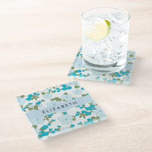 Blue Flowers, Pattern Of Flowers, Your Name Glass Coaster
