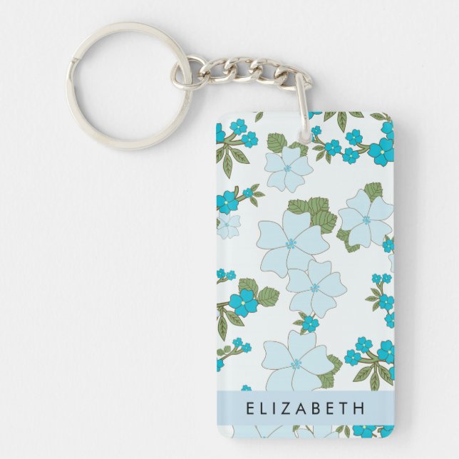 Blue Flowers, Pattern Of Flowers, Your Name Key Ring (Front)
