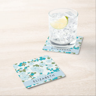 Blue Flowers, Pattern Of Flowers, Your Name Square Paper Coaster