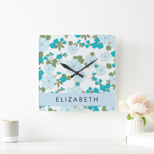 Blue Flowers, Pattern Of Flowers, Your Name Square Wall Clock