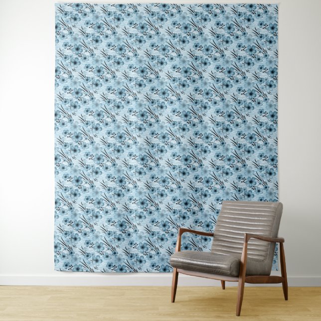 Blue flowers pattern on tiger background tapestry (In Situ)