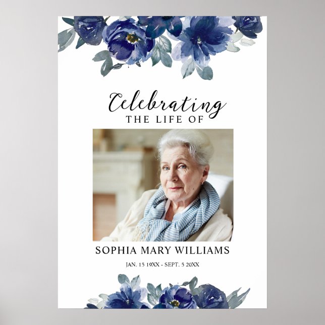 Blue Flowers & Photo Memorial Funeral  Poster (Front)