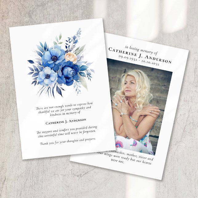 Blue Flowers Photo Sympathy Funeral Memorial Thank You Card (Creator Uploaded)