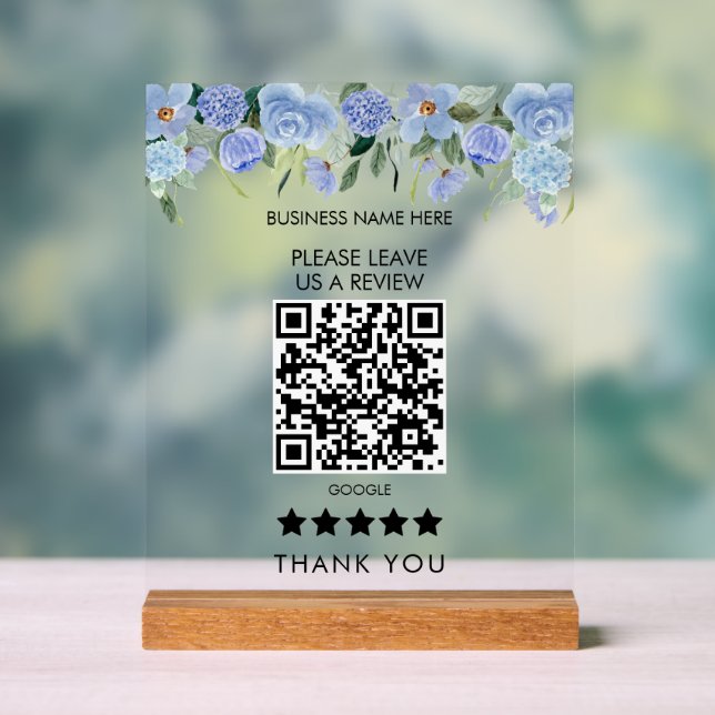 Blue Flowers Please Leave Us A Review QR Code Acrylic Sign (Neutral)
