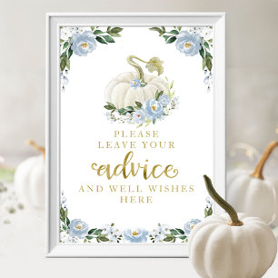 Blue Flowers Pumpkin Baby Shower Advice Sign