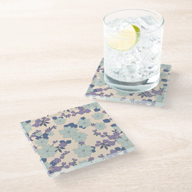 Blue Flowers, Purple Flowers, Floral Pattern Glass Coaster (Angled)