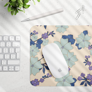 Blue Flowers, Purple Flowers, Floral Pattern Mouse Pad
