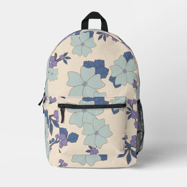 Blue Flowers, Purple Flowers, Floral Pattern Printed Backpack (Front)