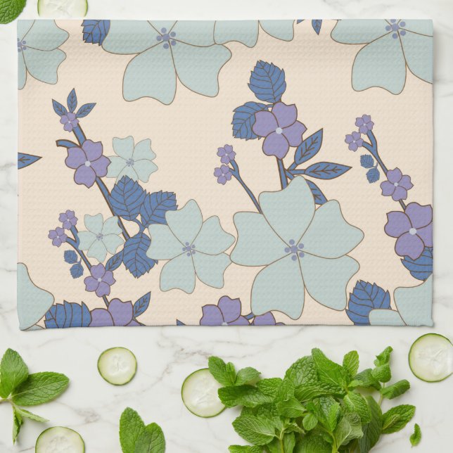 Blue Flowers, Purple Flowers, Floral Pattern Tea Towel (Folded)