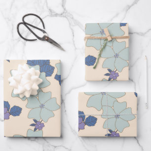 Blue Flowers, Purple Flowers, Floral Pattern Wrapping Paper Sheet