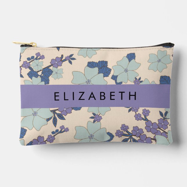 Blue Flowers, Purple Flowers, Floral, Your Name Accessory Pouch (Front)
