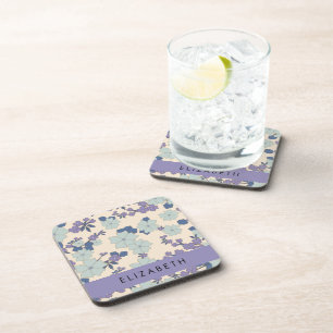 Blue Flowers, Purple Flowers, Floral, Your Name Coaster