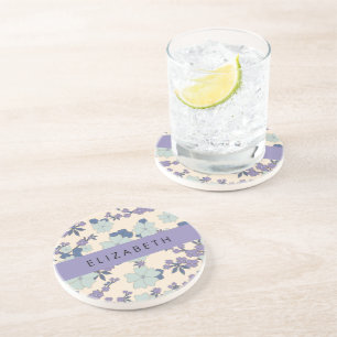 Blue Flowers, Purple Flowers, Floral, Your Name Coaster