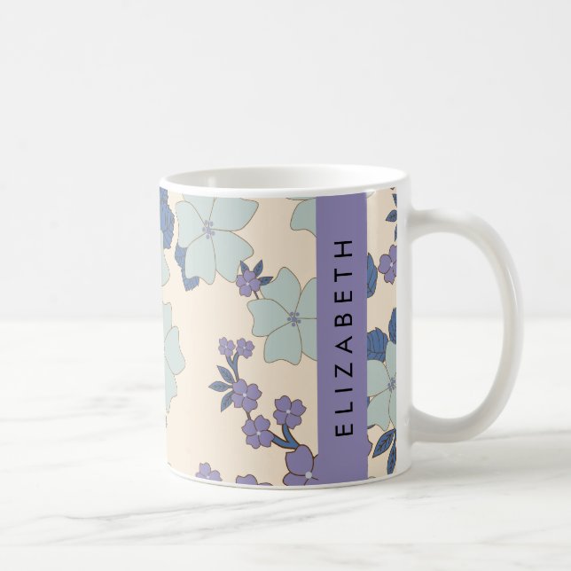 Blue Flowers, Purple Flowers, Floral, Your Name Coffee Mug (Right)