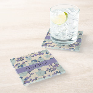 Blue Flowers, Purple Flowers, Floral, Your Name Glass Coaster