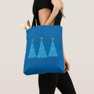 Blue Flowers Retro Modern Christmas Tree Tote Bag