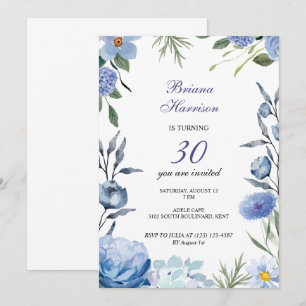 Blue flowers romantic sweet birthday invitation