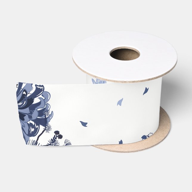 Blue flowers satin ribbon (Spool)