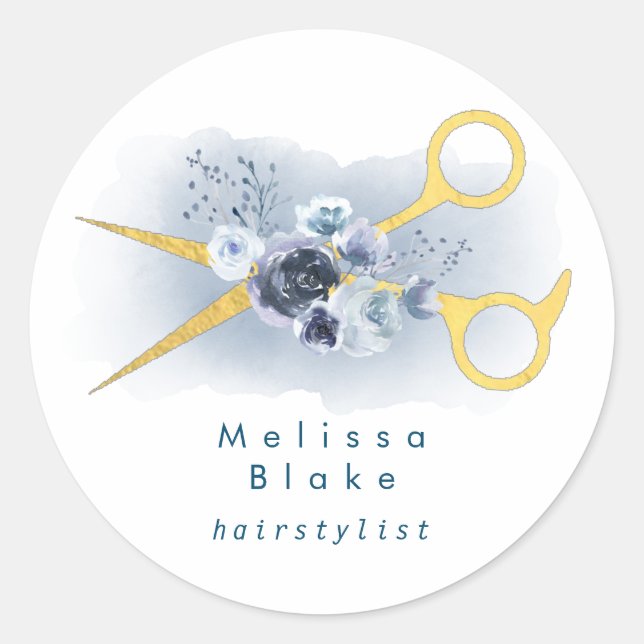 blue flowers scissors classic round sticker (Front)