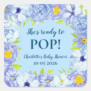 Blue Flowers She's Ready to Pop Baby Shower Tag
