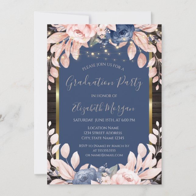 Blue Flowers,String Lights,Wood Invitation (Front)