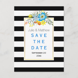 Blue flowers & stripes wedding Save the Date Announcement Postcard