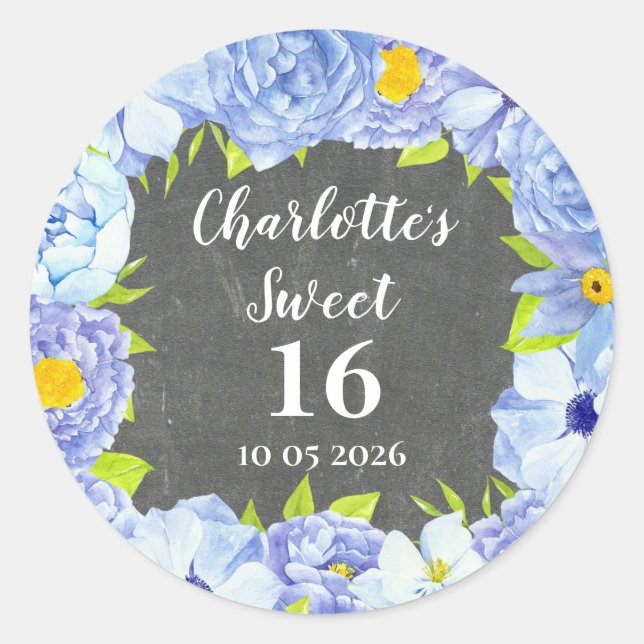 Blue Flowers Sweet 16 Birthday Favour Tag (Front)