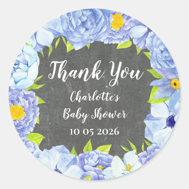 Blue Flowers Thank You Baby Shower Favour Tag (Front)