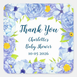 Blue Flowers Thank You Baby Shower Favour Tag