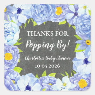 Blue Flowers Thanks for Popping By Baby Shower Tag