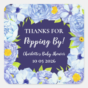Blue Flowers Thanks for Popping By Baby Shower Tag