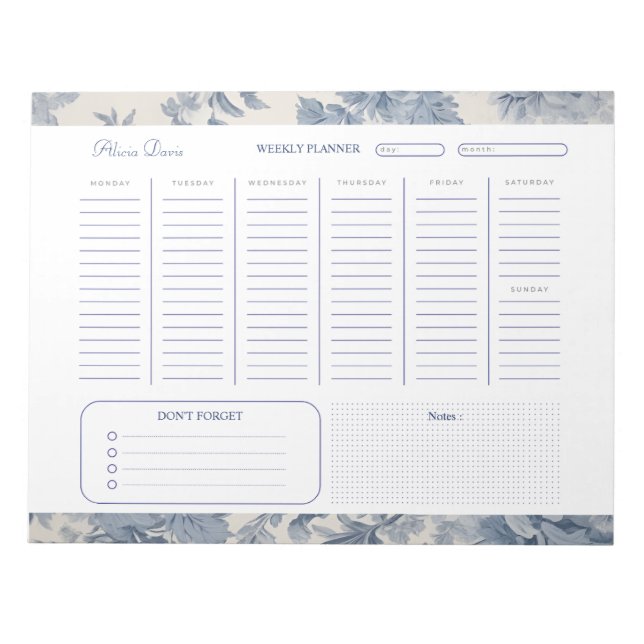 Blue Flowers Toile de Jouy Weekly Planner  Notepad (Front)