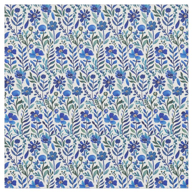 Blue Flowers Watercolor Art Pattern  Fabric (Close Up)