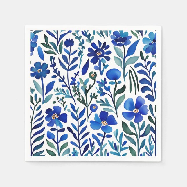 Blue Flowers Watercolor Art Pattern  Napkin (Front)