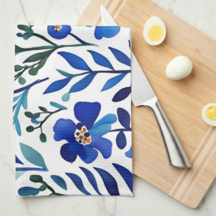 Blue Flowers Watercolor Art Pattern Tea Towel