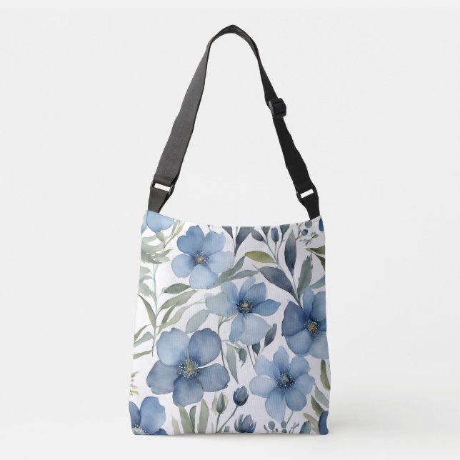 Blue Flowers Watercolor Floral Design Crossbody Bag (Front)