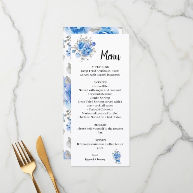 Blue Flowers Wedding Bridal Shower Menu (Front/Back In Situ)