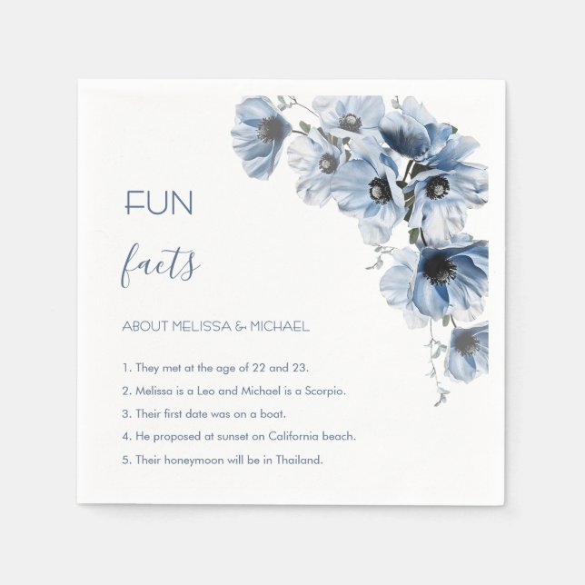 Blue Flowers Wedding Fun Facts Napkin (Front)